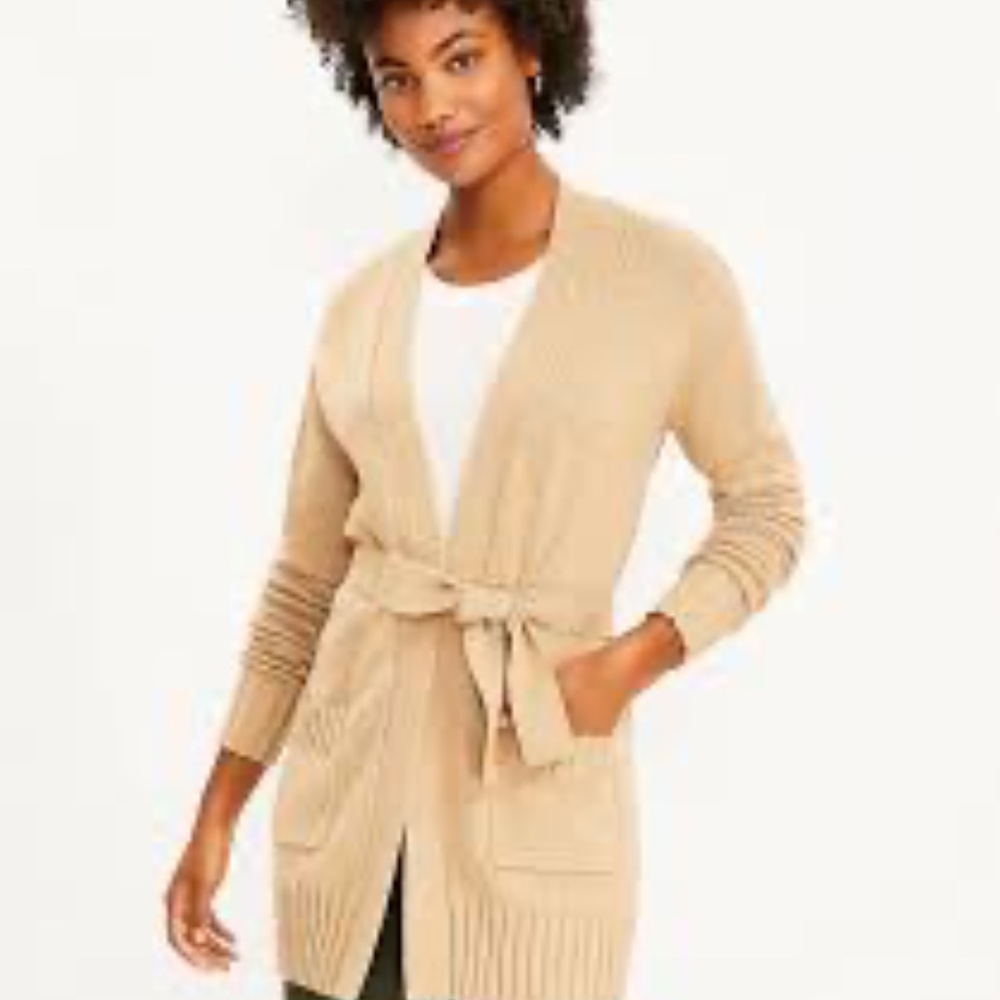 LOFT tie waist belted pocket cardigan open front sweater